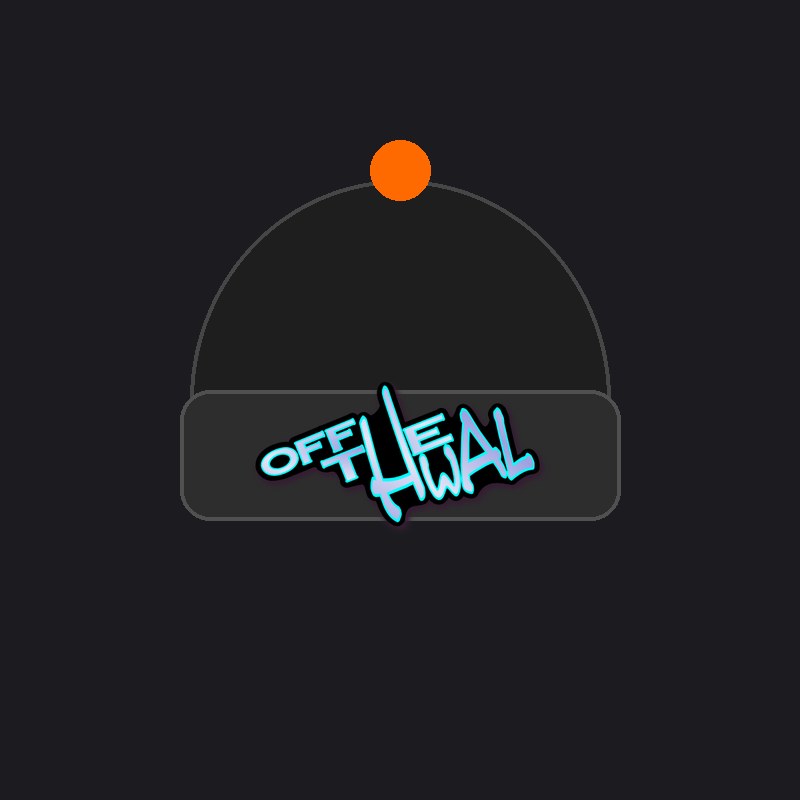 Black beanie with an orange pom-pom and the Off-the-Hwal logo, merch mockup
