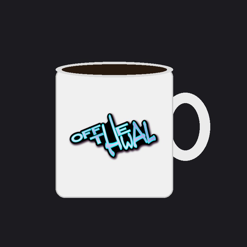 White coffee mug with the Off-the-Hwal graffiti logo, merch mockup