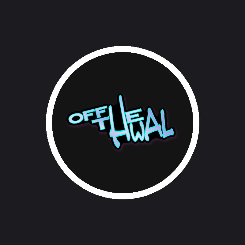 Round black sticker with a white border and the Off-the-Hwal logo, merch mockup