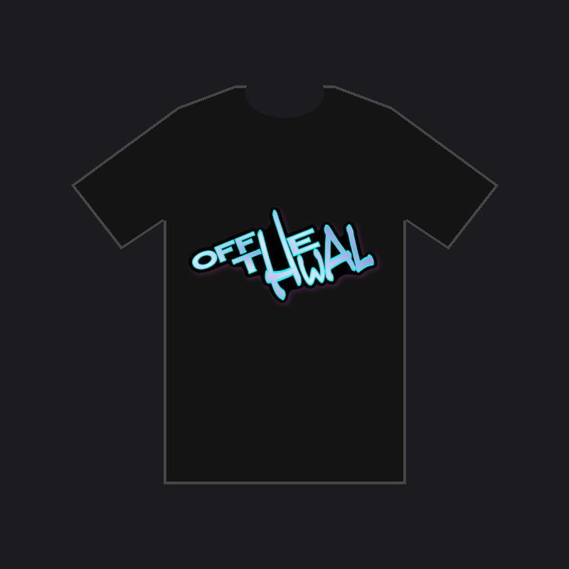 Black T-shirt with the light blue Off-the-Hwal graffiti logo, merch mockup