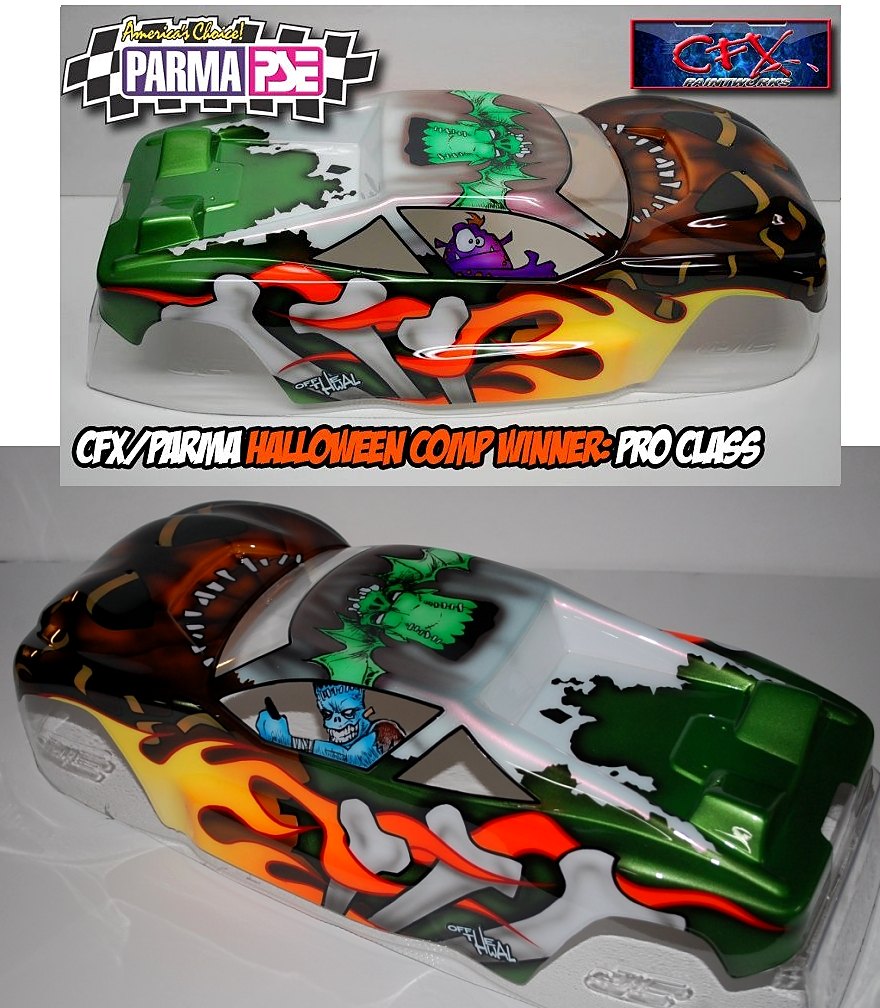 Contest-winning Halloween RC body with a see-through pumpkin face, bones and orange flames over metallic green