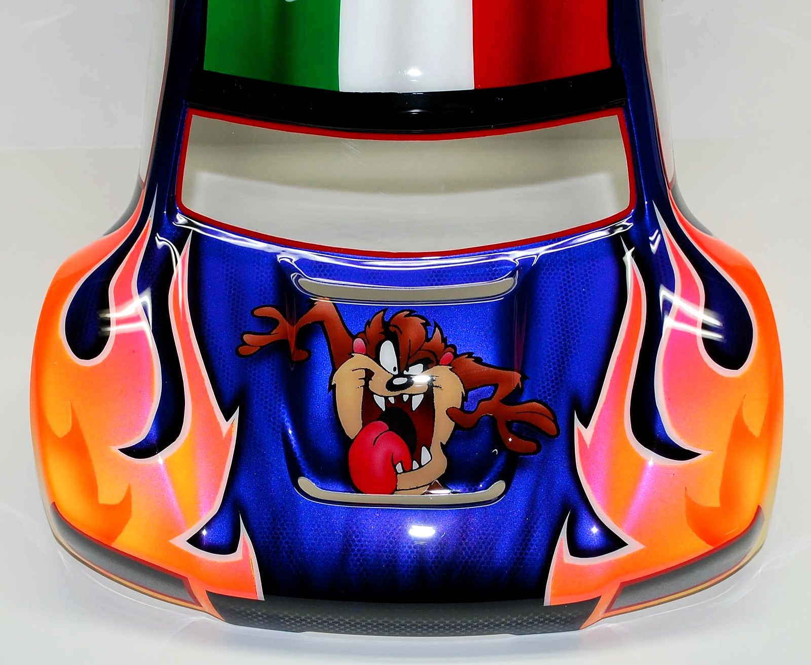 Candy blue short course hood with an airbrushed Tasmanian Devil and orange-to-pink outlined flames